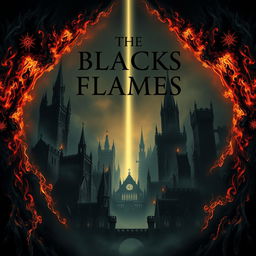 A dark supernatural thriller book cover titled "The Black Flames," depicting a gothic city enveloped in black flames around the corners and edges