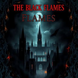 A dark supernatural thriller book cover titled "The Black Flames," depicting a gothic city enveloped in black flames around the corners and edges