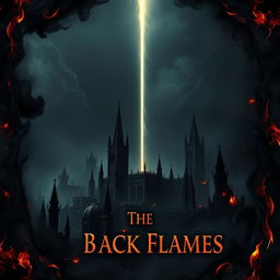 A dark supernatural thriller book cover titled "The Black Flames," depicting a gothic city enveloped in black flames around the corners and edges