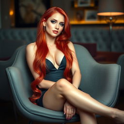 A hot redhead woman sitting confidently in a stylish modern chair