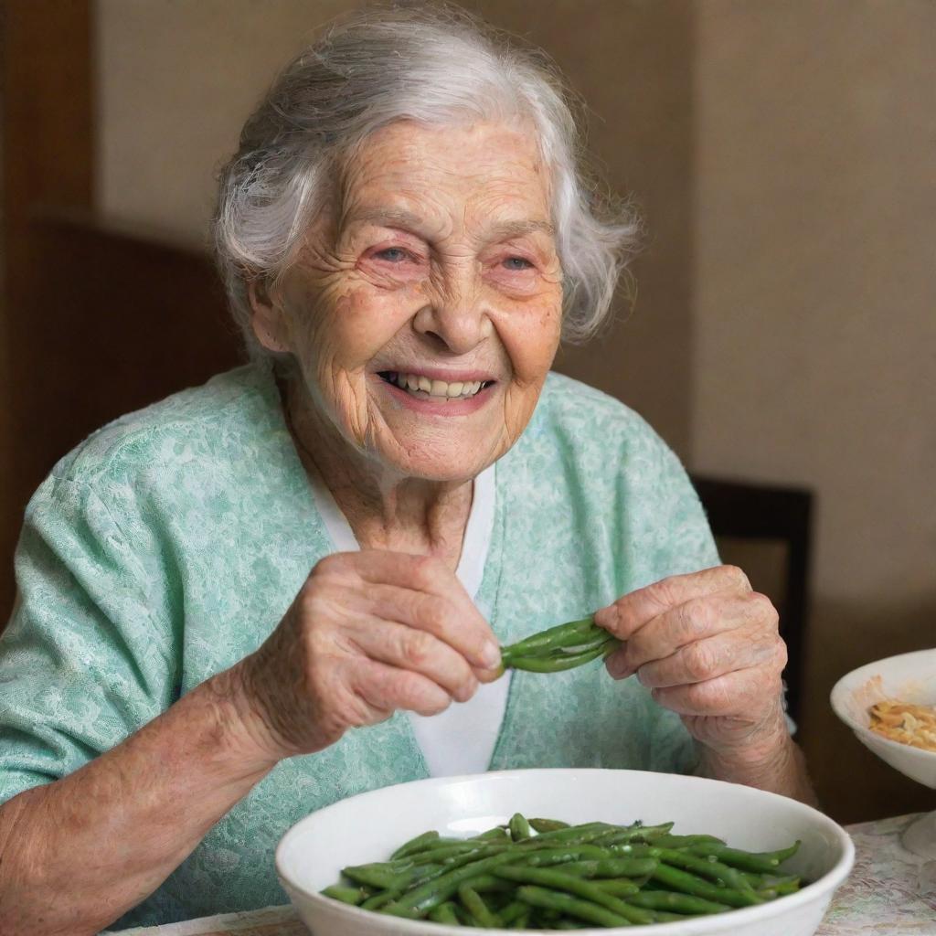 An elderly grandmother, her face filled with contentment, as she savors a hearty meal of steaming hot green beans.