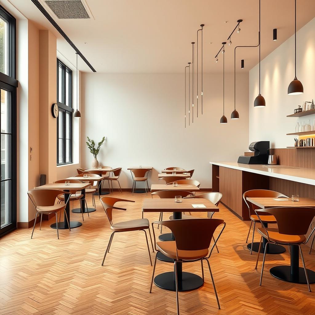 Design a minimalist cafe inspired by the provided image, featuring sleek, simple lines and a focus on elegance