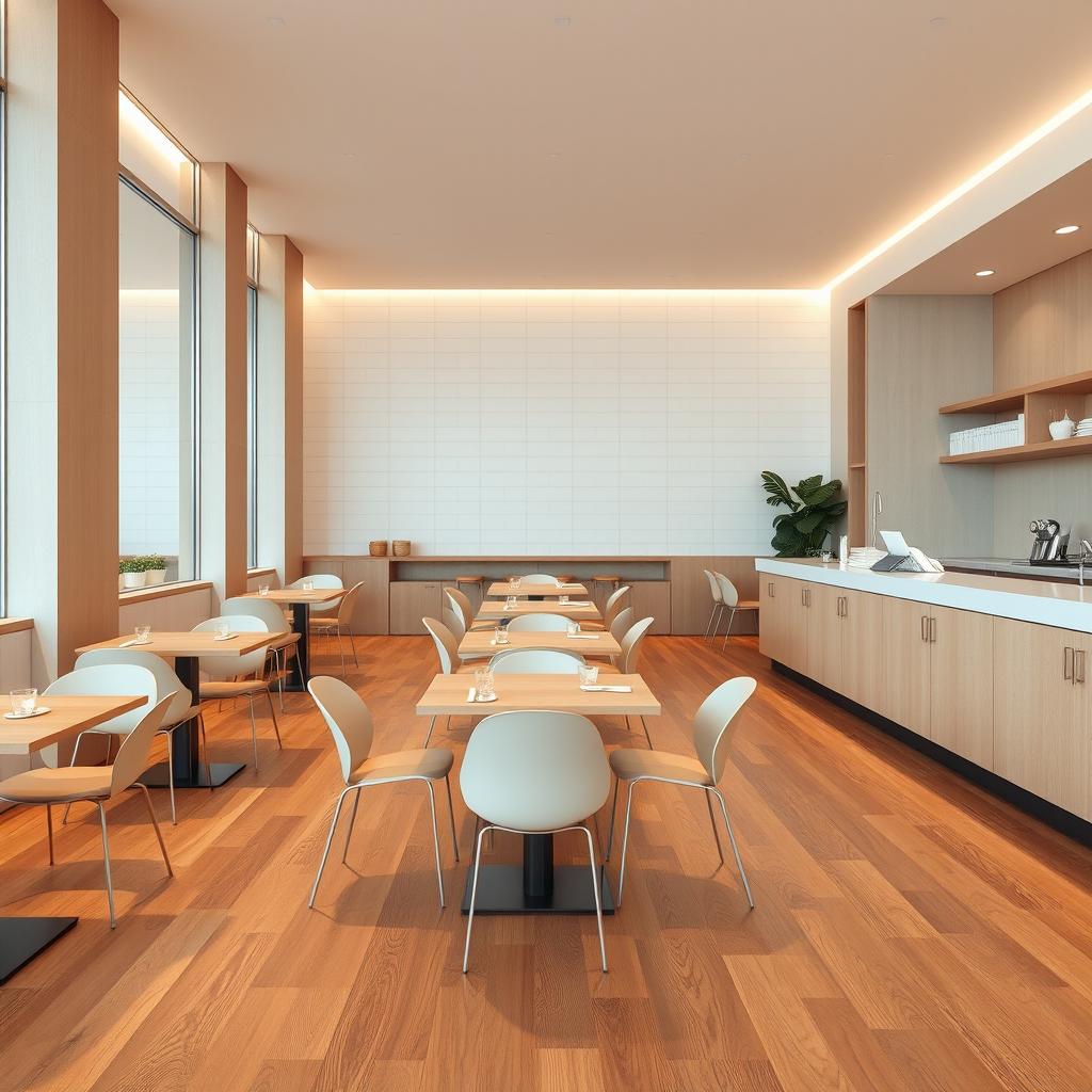 Design a minimalist cafe with a focus on elegance and simplicity, inspired by the provided image