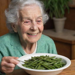 An elderly grandmother, her face filled with contentment, as she savors a hearty meal of steaming hot green beans.