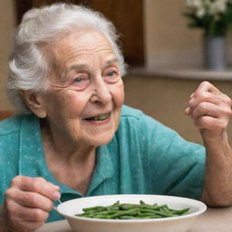 An elderly grandmother, her face filled with contentment, as she savors a hearty meal of steaming hot green beans.