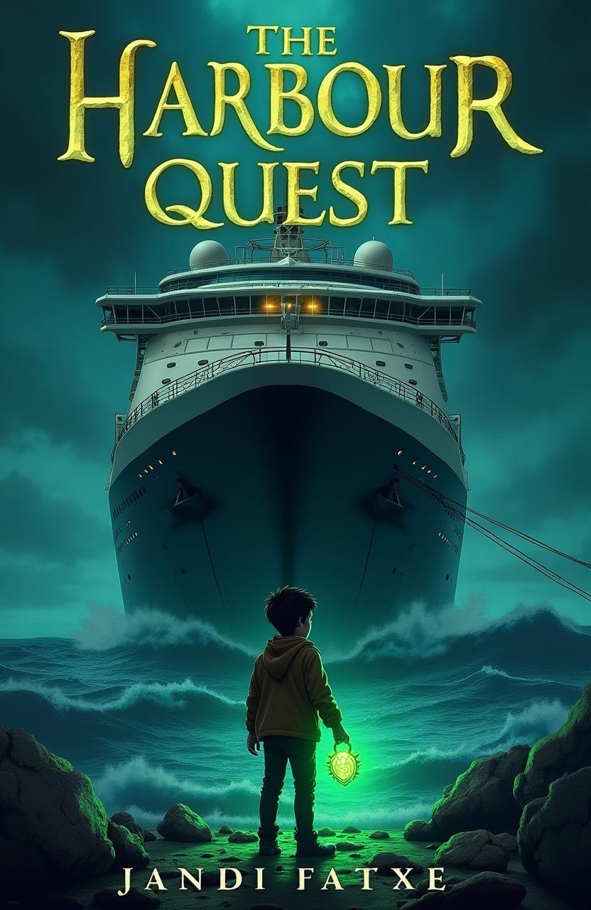 A book cover design for "The Harbour Quest" featuring a dark and sinister cruise ship lost at sea