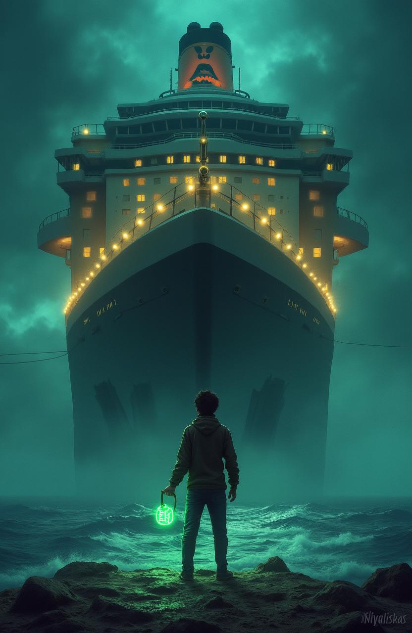 A book cover design for "The Harbour Quest" featuring a dark and sinister cruise ship lost at sea