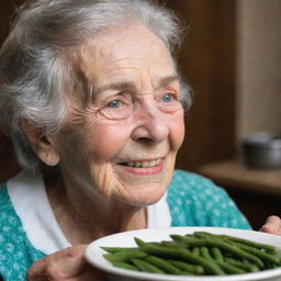 An elderly grandmother, her face filled with contentment, as she savors a hearty meal of steaming hot green beans.