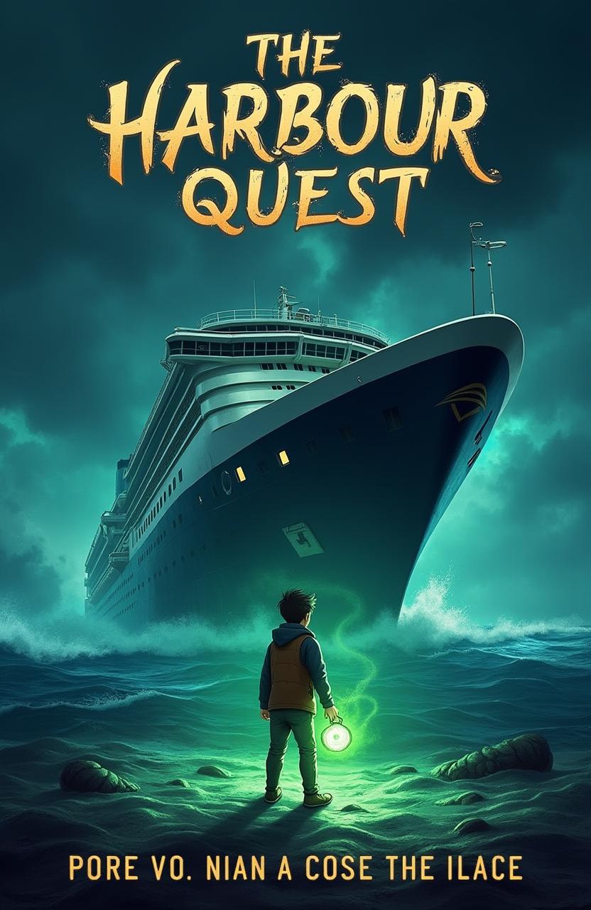 A book cover design for "The Harbour Quest" featuring a dark and sinister cruise ship lost at sea