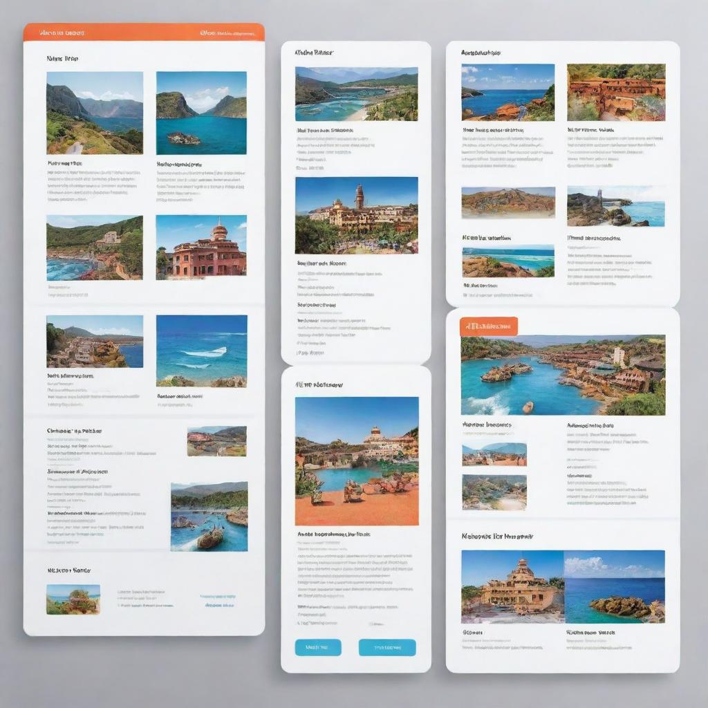 A series of detailed tour packages displayed with vibrant illustrations and key highlights, including destination images, pricing, itinerary, and unique experiences offered.