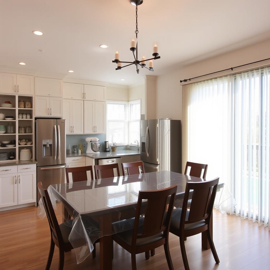 Interior of a dining room with a modern pantry and baker's station behind the dining table