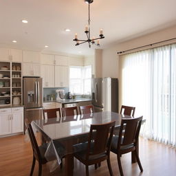 Interior of a dining room with a modern pantry and baker's station behind the dining table