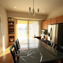 Interior of a dining room with a modern pantry and baker's station behind the dining table