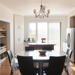 Interior of a dining room with a modern pantry and baker's station behind the dining table