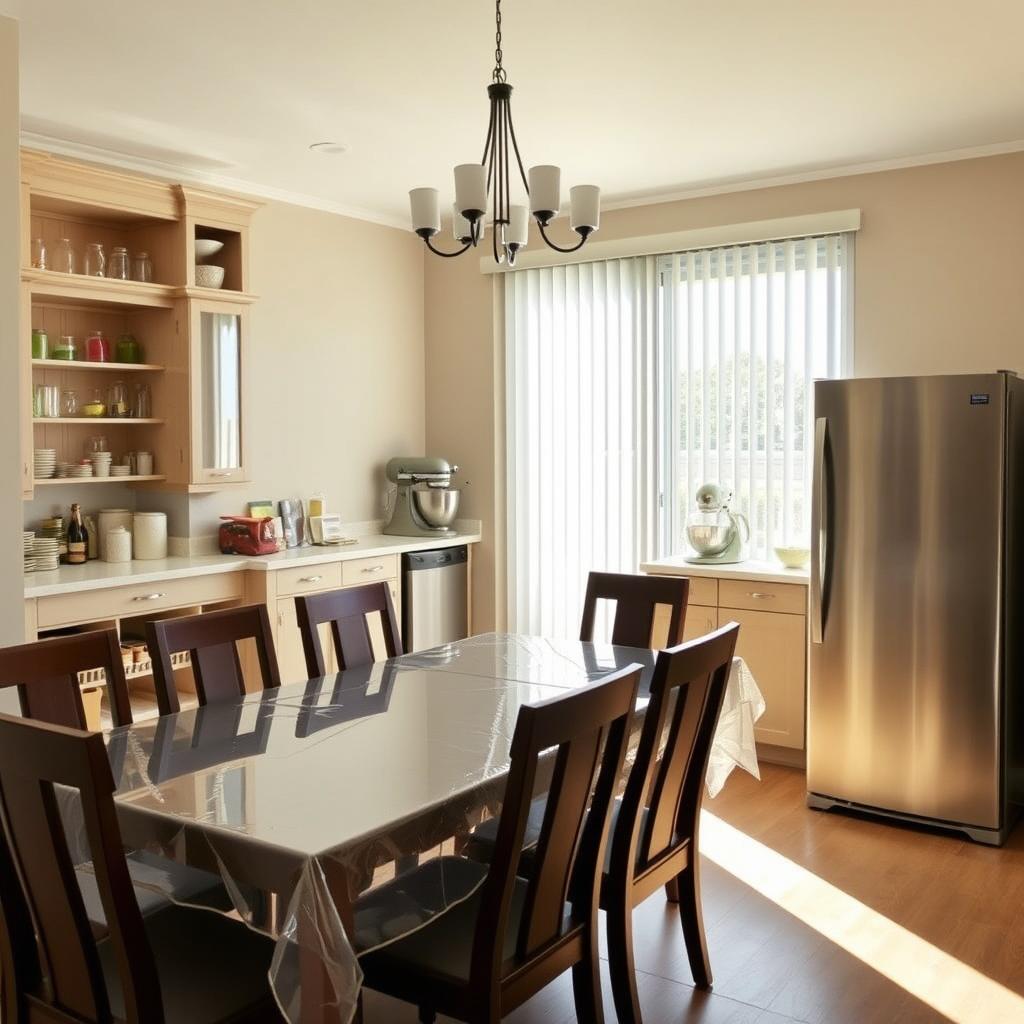 Interior of a dining room with a modern pantry and baker's station behind the dining table