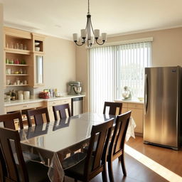 Interior of a dining room with a modern pantry and baker's station behind the dining table