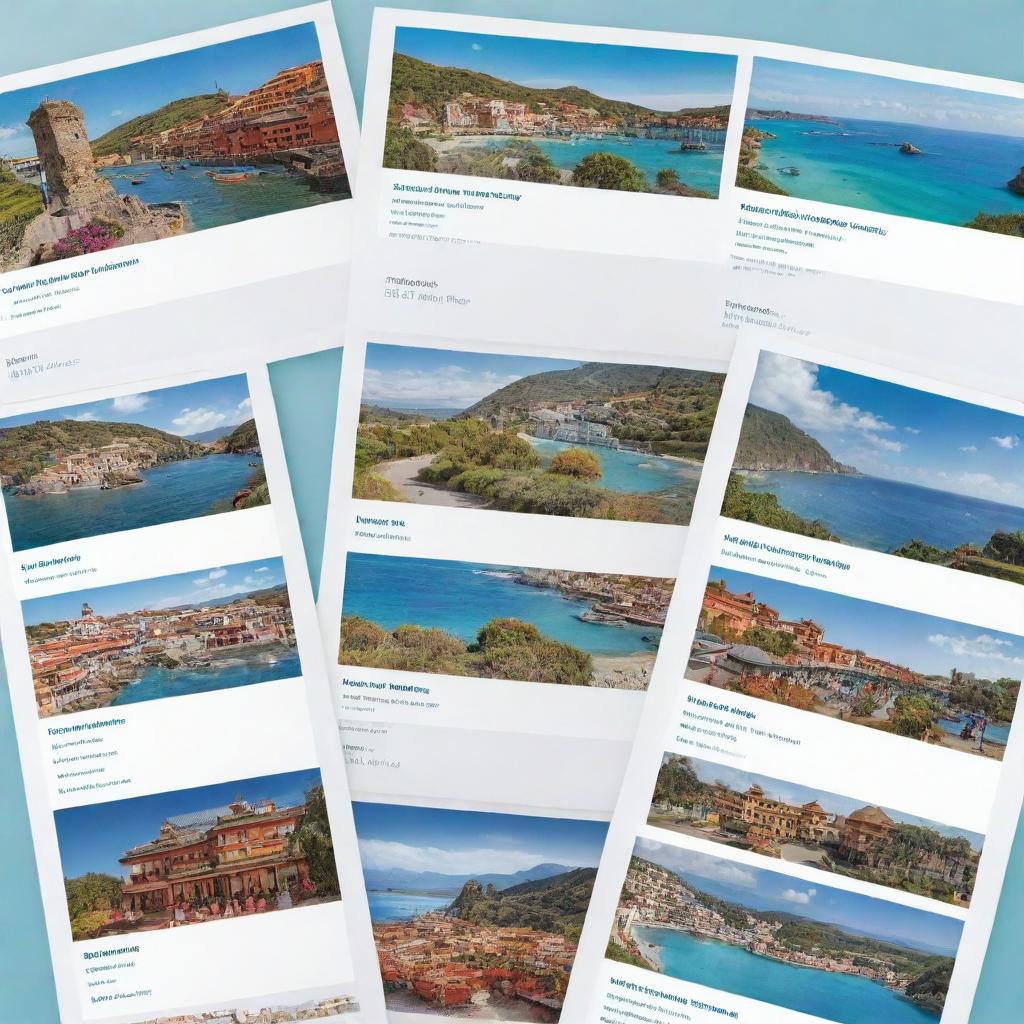 A series of detailed tour packages displayed with vibrant illustrations and key highlights, including destination images, pricing, itinerary, and unique experiences offered.