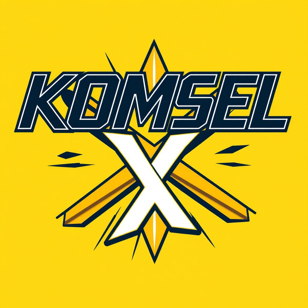 A captivating and dynamic typography design for a t-shirt, featuring the words "KOMSEL X" against a vibrant yellow background