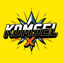 A captivating and dynamic typography design for a t-shirt, featuring the words "KOMSEL X" against a vibrant yellow background