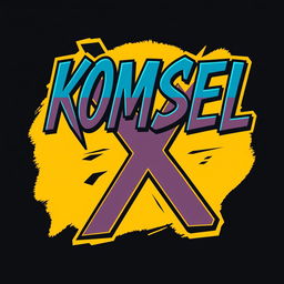 A captivating and dynamic typography design for a t-shirt, featuring the words "KOMSEL X" against a vibrant yellow background