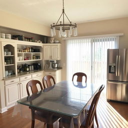 Dining room interior with a pantry and baker's station added behind the dining table, keeping the existing cabinet unchanged