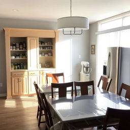 Dining room interior with a pantry and baker's station added behind the dining table, keeping the existing cabinet unchanged