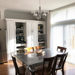 Dining room interior with a pantry and baker's station added behind the dining table, keeping the existing cabinet unchanged