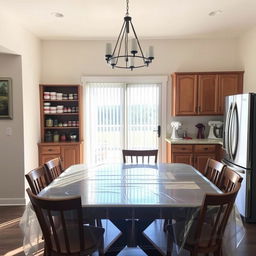 Dining room interior with a pantry and baker's station added behind the dining table, keeping the existing cabinet unchanged