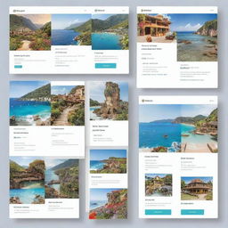 A series of detailed tour packages displayed with vibrant illustrations and key highlights, including destination images, pricing, itinerary, and unique experiences offered.