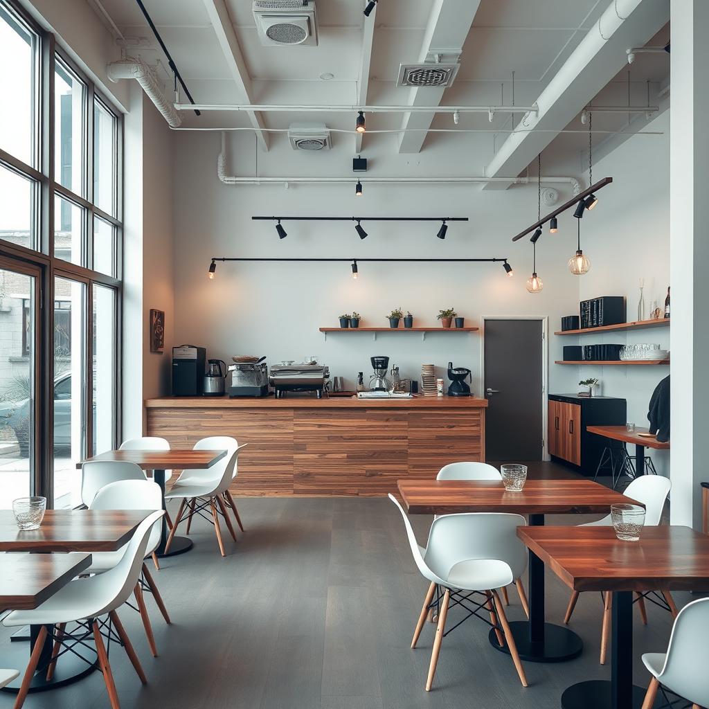 A minimalist coffee shop interior featuring a modern wooden counter, sleek white chairs, and elegant wooden tables