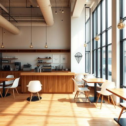 A minimalist coffee shop interior featuring a modern wooden counter, sleek white chairs, and elegant wooden tables