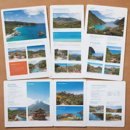 A series of detailed tour packages displayed with vibrant illustrations and key highlights, including destination images, pricing, itinerary, and unique experiences offered.