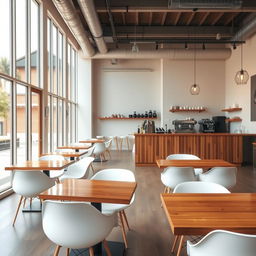 A minimalist coffee shop interior featuring a modern wooden counter, sleek white chairs, and elegant wooden tables