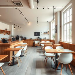 A minimalist coffee shop interior featuring a modern wooden counter, sleek white chairs, and elegant wooden tables