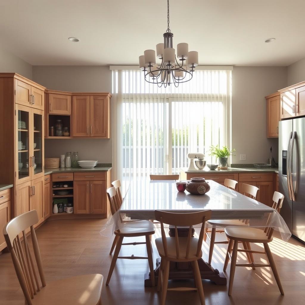 Dining room interior with a seamless integration of a pantry and baker's station behind the dining table, blending into the existing wooden cabinet design