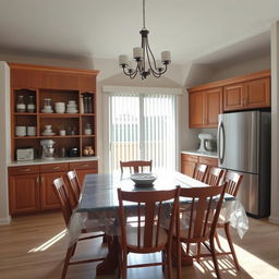 Dining room interior with a seamless integration of a pantry and baker's station behind the dining table, blending into the existing wooden cabinet design