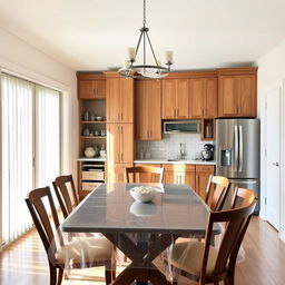 Dining room interior with a seamless integration of a pantry and baker's station behind the dining table, blending into the existing wooden cabinet design