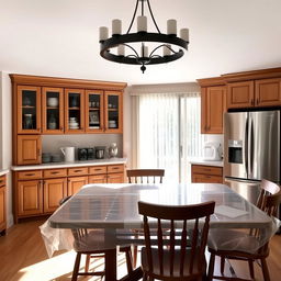 Dining room interior with a seamless integration of a pantry and baker's station behind the dining table, blending into the existing wooden cabinet design