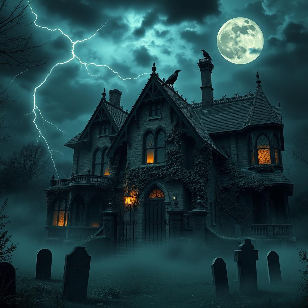 A haunted gothic mansion with a dark, eerie atmosphere