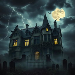 A haunted gothic mansion with a dark, eerie atmosphere