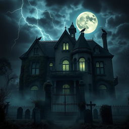 A haunted gothic mansion with a dark, eerie atmosphere