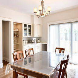 Dining room interior featuring a seamlessly integrated pantry and baker's station behind the dining table, blending perfectly with the existing cabinet design