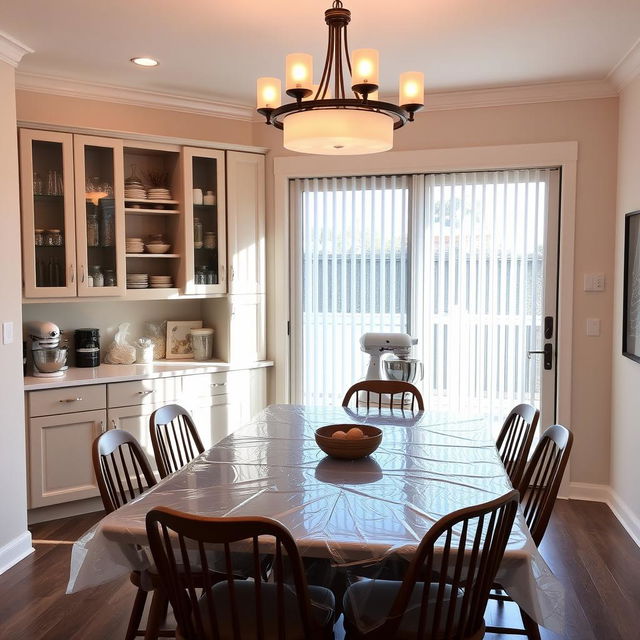 Dining room interior featuring a seamlessly integrated pantry and baker's station behind the dining table, blending perfectly with the existing cabinet design