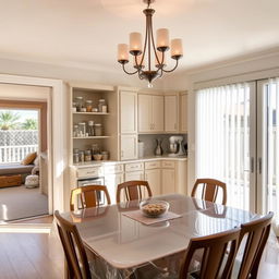 Dining room interior featuring a seamlessly integrated pantry and baker's station behind the dining table, blending perfectly with the existing cabinet design