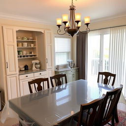 Dining room interior featuring a seamlessly integrated pantry and baker's station behind the dining table, blending perfectly with the existing cabinet design