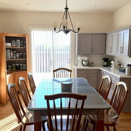 Dining room interior with a newly added pantry and baker's station behind the dining table, featuring a complementary color scheme to the existing setup