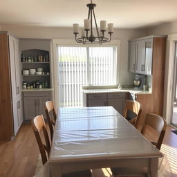 Dining room interior with a newly added pantry and baker's station behind the dining table, featuring a complementary color scheme to the existing setup