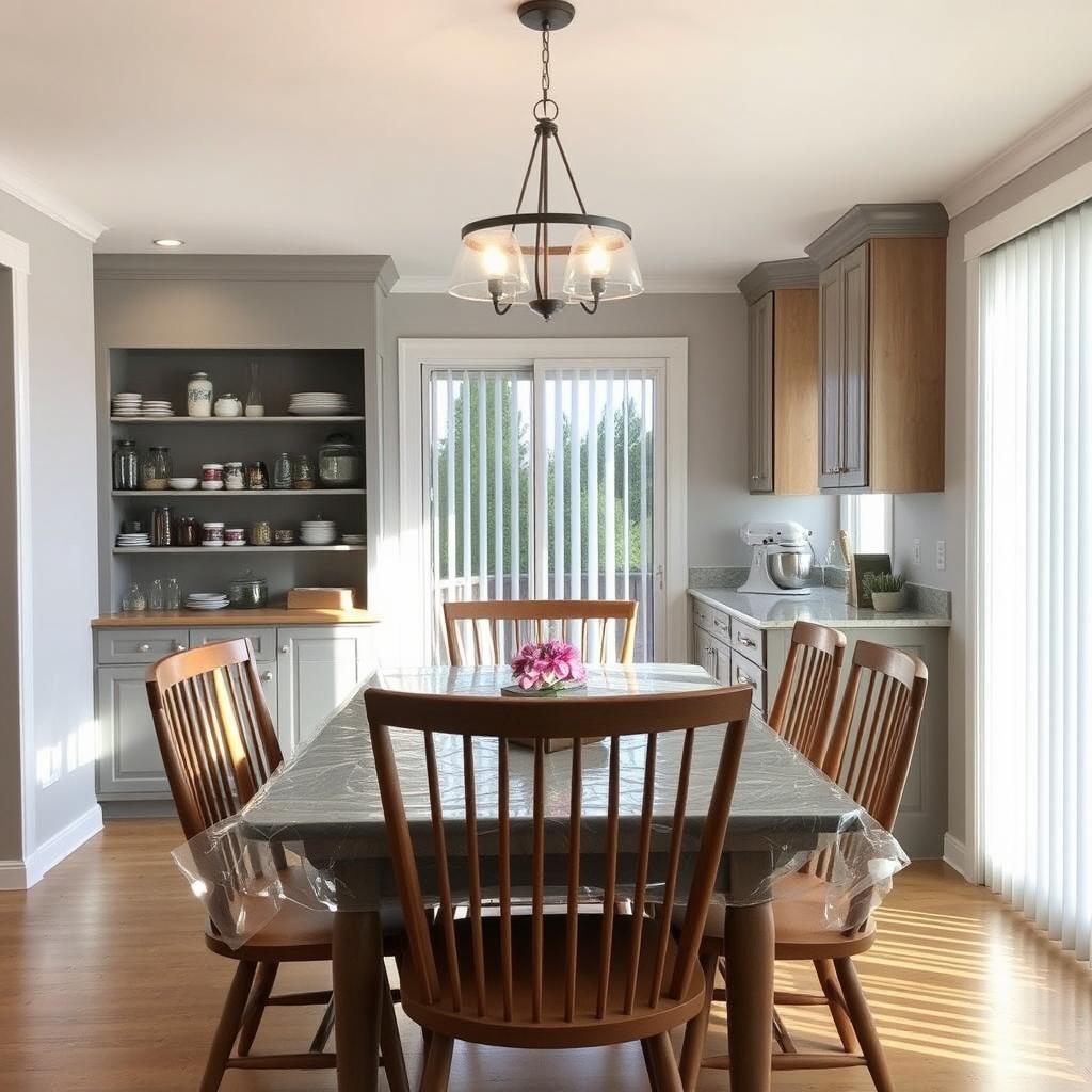 Dining room interior with a newly added pantry and baker's station behind the dining table, featuring a complementary color scheme to the existing setup