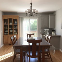 Dining room interior with a newly added pantry and baker's station behind the dining table, featuring a complementary color scheme to the existing setup