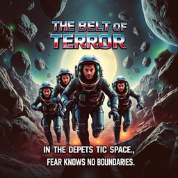 A high-octane action-thriller-horror film poster depicting five agents in futuristic space suits navigating through a chaotic asteroid belt